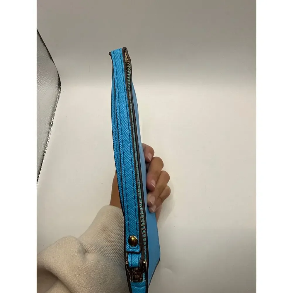 Kate Spade New York Large Blue Saffiano Leather Zip Wristlet Clutch Wallet